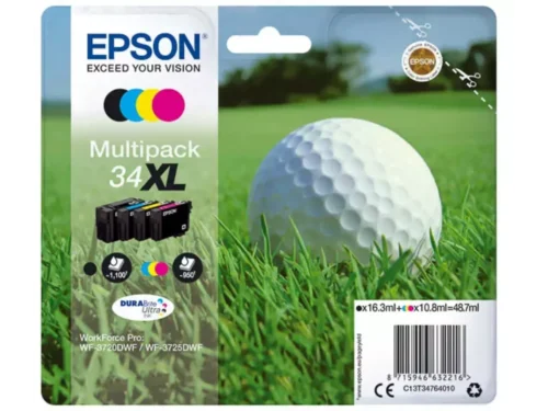 De Epson Golf ball 34XL Golfbal DURABrite Ultra multipack vierkleureninkt levert scherpe, duurzame afdrukken met hoge capaciteit voor betrouwbare prestaties
