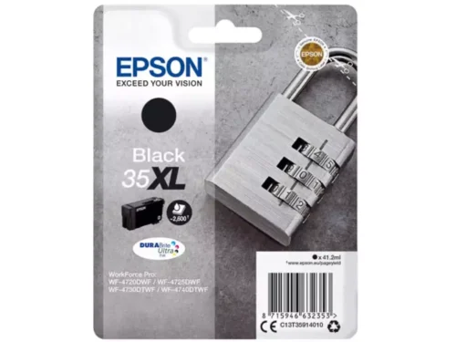 De Epson Padlock 35XL hangslot DURABrite Ultra zwarte inktcartridge levert scherpe, duurzame afdrukken met een hoge opbrengst tot 2600 pagina’s.