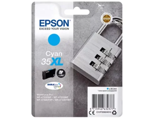 De Epson DURABrite Ultra cyaan inktcartridge biedt hoge opbrengst met tot 1900 pagina’s, ideaal voor wie betrouwbaar en scherp wil