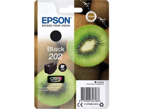De Epson Kiwi Singlepack Black 202 Claria Premium Ink levert scherpe, heldere zwart-afdrukken met een paginaopbrengst tot 250 pagina’s. Deze