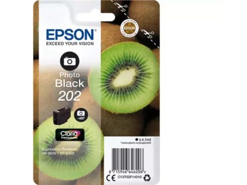 De Epson Kiwi Singlepack Photo Black 202 Claria Premium Ink levert scherpe, diepe zwarttinten voor heldere fotoprints en consistente resultaten.