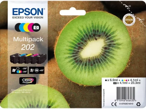 De Epson Kiwi Multipack 5-colours 202 Claria Premium Ink biedt scherpe afdrukken met levendige kleuren en diep zwart, ideaal voor