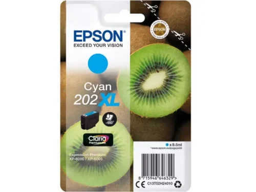 De Epson Kiwi Singlepack Cyan 202XL Claria Premium Ink levert heldere cyaanprints met een hoge opbrengst van 650 pagina’s, ideaal