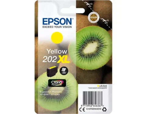 De Epson Kiwi Singlepack Yellow 202XL Claria Premium Ink levert heldere gele afdrukken met een hoge opbrengst tot 650 pagina’s.