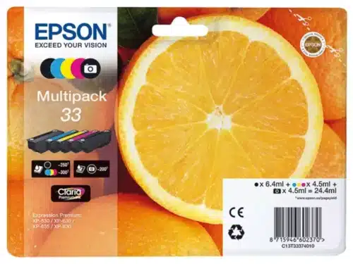 De Epson Oranges 33 sinaasappelen Claria Premium multipack vijfkleureninkt levert scherpe tekst en levendige kleuren met pigmentgebaseerde inkt. Deze multipack