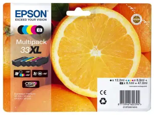 De Epson 33XL Sinaasappelen Claria Premium multipack biedt hoogwaardige vijfkleureninkt met een hoge capaciteit voor scherpe teksten en levendige foto’s.