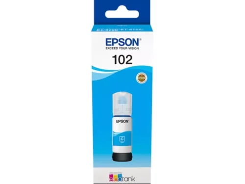 De Epson 102 EcoTank Cyan ink bottle is een originele cyaan inktfles voor Epson EcoTank-printers en zorgt voor heldere, betrouwbare