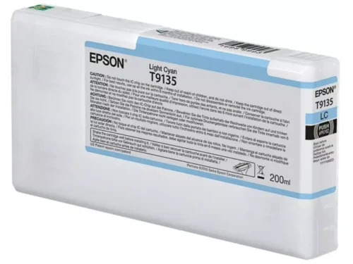 De Epson T9135 Light Cyan Ink Cartridge (200ml) levert heldere, consistente lichtcyaan afdrukken met pigmentinkt en is ideaal voor professionele
