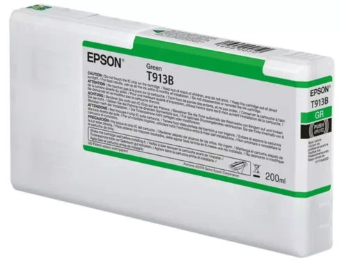De Epson T913B Green Ink Cartridge (200ml) levert heldere, pigmentgebaseerde groene prints met betrouwbare kwaliteit voor diverse Epson SureColor SC-P