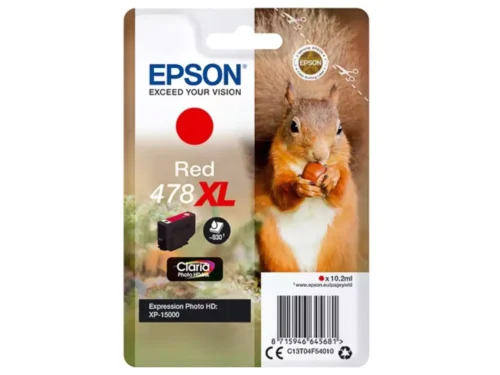 De Epson Squirrel 478XL rode inktcartridge biedt hoge capaciteit en levert heldere, nauwkeurige roodtinten voor scherpe fotoprints. Deze pigmentgebaseerde Claria