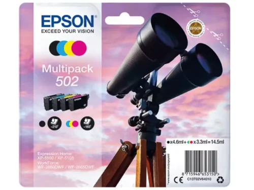 De Epson Multipack 4-colours 502 Ink biedt betrouwbare pigmentinkt in zwart, cyaan, magenta en geel voor scherpe afdrukken en heldere