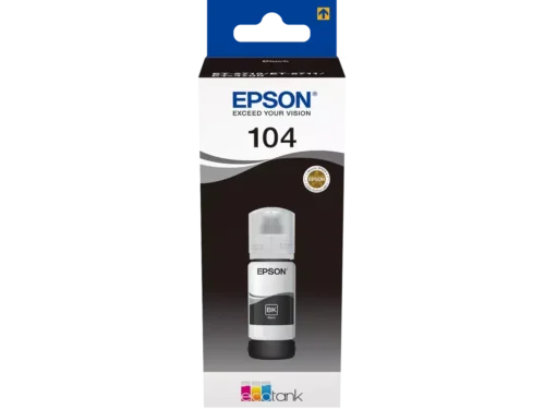 De Epson 104 EcoTank Black ink bottle is een originele zwarte inktfles die zorgt voor scherpe, betrouwbare afdrukken op diverse
