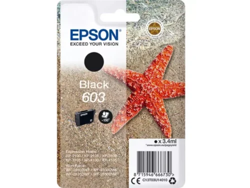 De Epson Singlepack Black 603 Ink is een betrouwbare zwarte inktcartridge met normaal rendement, ideaal voor heldere afdrukken thuis of