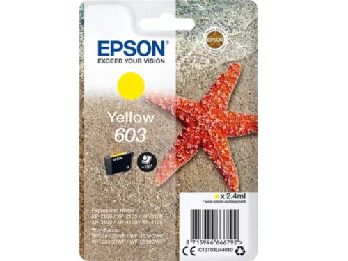 De Epson Singlepack Yellow 603 Ink levert heldere, betrouwbare gele afdrukken en is ideaal voor diverse Epson Expression Home- en