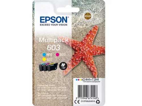 De Epson Multipack 3-colours 603 ink biedt heldere kleurafdrukken met cyaan, magenta en geel, ideaal voor dagelijks printwerk. Deze cartridge
