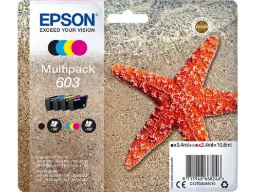 De Epson Multipack 4-colours 603 Ink is een handige multi-verpakking met zwarte, cyaan, magenta en gele inkt voor diverse Epson