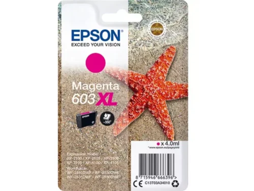 De Epson Singlepack Magenta 603XL Ink levert heldere, levendige magenta afdrukken en is een high-yield cartridge voor langdurig gebruik. Deze
