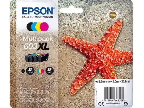 De Epson Multipack 4-colours 603XL Ink biedt hoogwaardige, extra grote cartridges voor scherpe afdrukken in zwart, cyaan, magenta en geel.