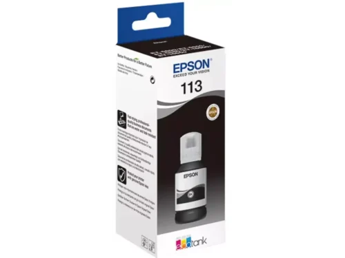 De Epson 113 EcoTank Pigment Black ink bottle is een originele zwarte inktfles voor Epson-printers, ideaal voor scherpe en betrouwbare