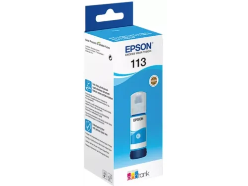 De Epson 113 EcoTank Pigment Cyan ink bottle is een originele cyaan inktfles voor diverse Epson EcoTank-printers en zorgt voor