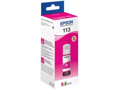 De Epson 113 EcoTank Pigment Magenta ink bottle is een originele magenta inktfles voor Epson EcoTank-printers, ideaal voor heldere en