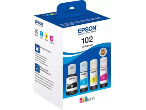 De Epson 102 EcoTank 4-colour Multipack is een originele inktset met zwart, cyaan, magenta en geel voor heldere, betrouwbare afdrukken.