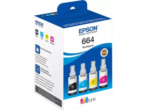 De Epson 664 EcoTank 4-kleuren multipack is een origineel inktpakket met zwart, cyaan, magenta en geel, geschikt voor een brede