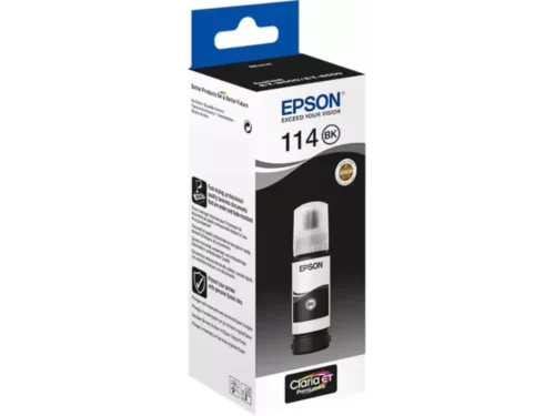 De Epson 114 EcoTank Pigment Black ink bottle is een originele zwarte inktfles voor Epson-printers, ideaal voor scherpe en duurzame