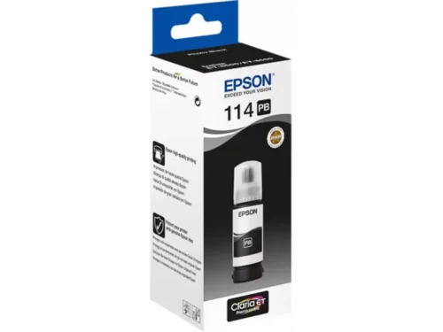 De Epson 114 EcoTank Photo Black ink bottle is een originele zwarte inktfles voor Epson-printers, ideaal voor scherpe en professionele