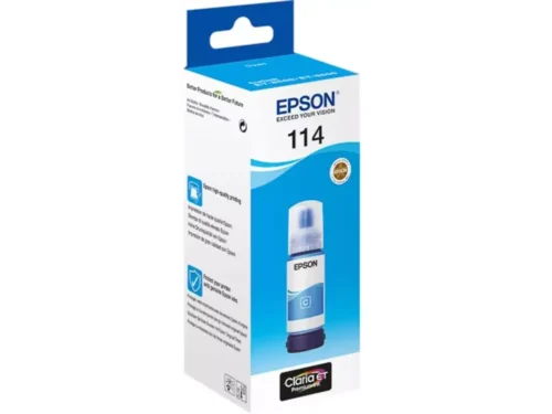 De Epson 114 EcoTank Cyan ink bottle is een originele cyaan inktfles voor Epson EcoTank-printers, speciaal geschikt voor de ET