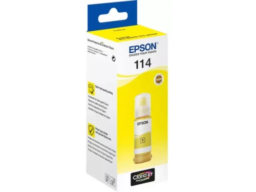 De Epson 114 EcoTank Yellow ink bottle is een originele gele inktfles voor Epson EcoTank-printers, ideaal voor scherpe en levendige