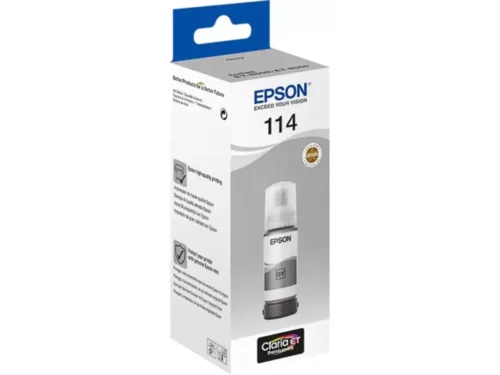De Epson 114 EcoTank Grey ink bottle is een originele grijze inktfles voor Epson EcoTank-printers, ideaal voor scherpe en betrouwbare