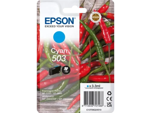 De Epson Singlepack Cyan 503 Ink is een betrouwbare cyaan inktcartridge met normaal rendement, goed voor tot 165 pagina’s. Ideaal