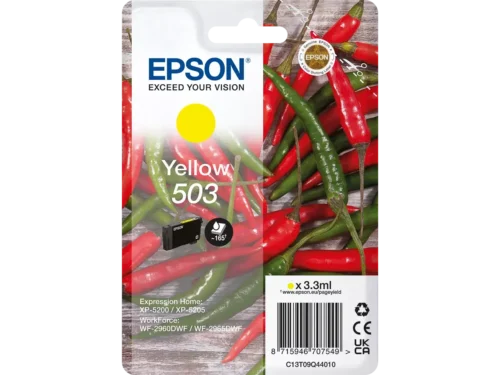 De Epson Singlepack Yellow 503 Ink is een gele inktcartridge met normaal rendement, goed voor tot 165 pagina’s scherpe en