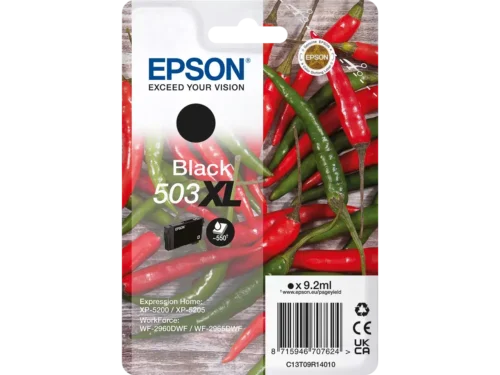 De Epson Singlepack Black 503XL Ink biedt scherpe zwarte afdrukken met hoge capaciteit en een opbrengst tot 550 pagina’s. Deze