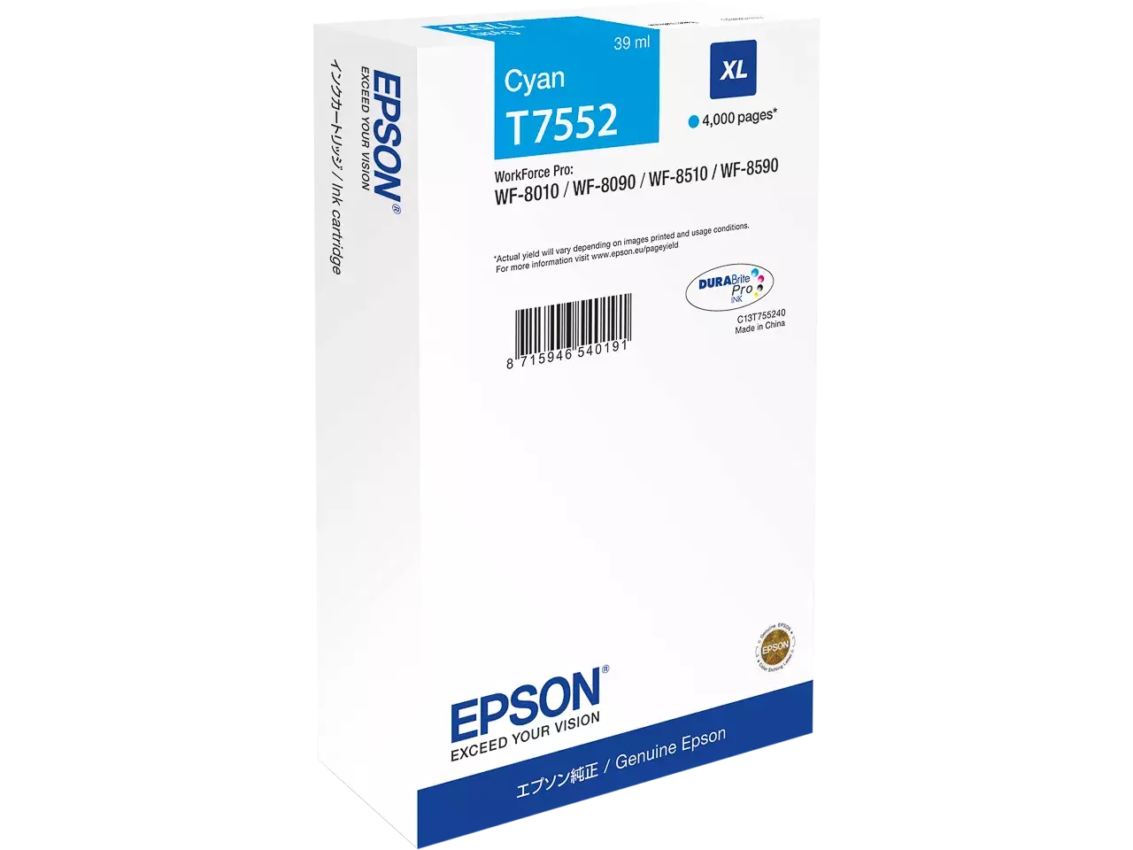 170015441878.webp C13T75524N EPSON T7552 WF Inkt cyaan XL 4000pagina's 39ml - Afbeelding 1