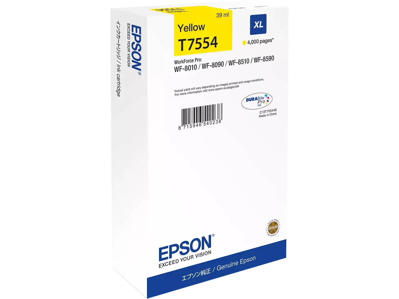 170015441880.webp C13T75544N EPSON T7554 WF Inkt geel XL 4000pagina's 39ml - Afbeelding 1