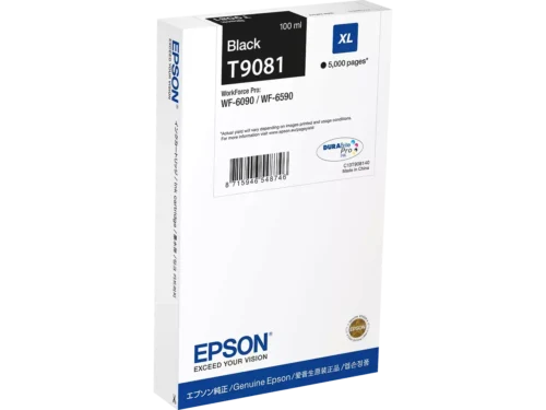 De Epson C13T90814N is een high yield zwarte inkjetcartridge met 100 ml inkt, goed voor tot 5000 pagina’s. Deze enkelverpakking