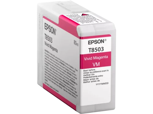 De Epson T8503 magenta inktcartridge is een enkele verpakking met 80 ml gekleurde inkt, speciaal geschikt voor de EPSON SureColor