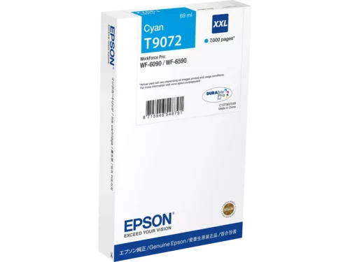 De Epson C13T90724N is een cyaan XL-inktcartridge met hoge capaciteit, goed voor tot 7000 pagina’s en 69 ml inkt. Ideaal