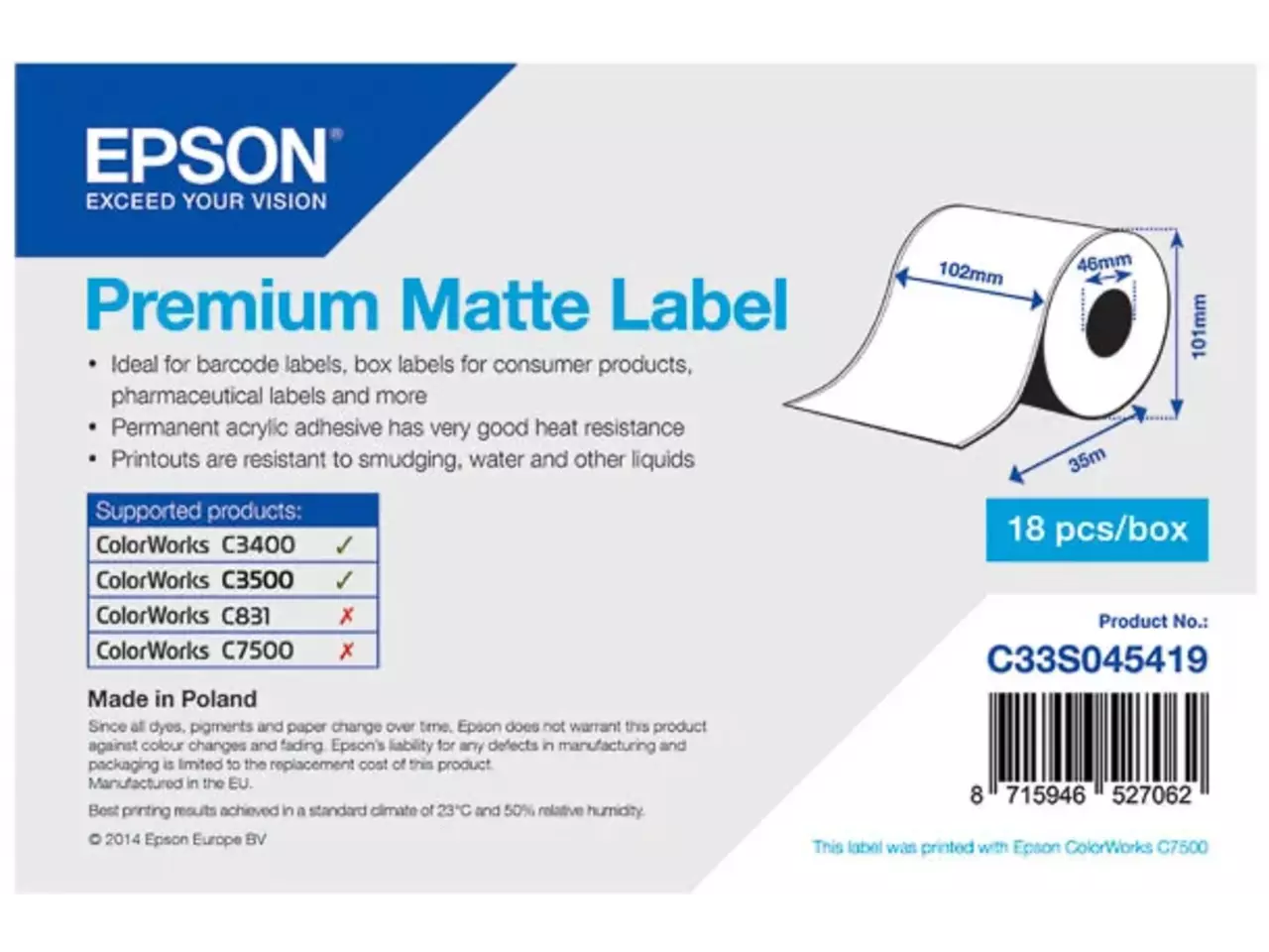 850015440004.webp C33S045419 EPSON Etiketrol 102mm 35meter wit premium mat - Afbeelding 1