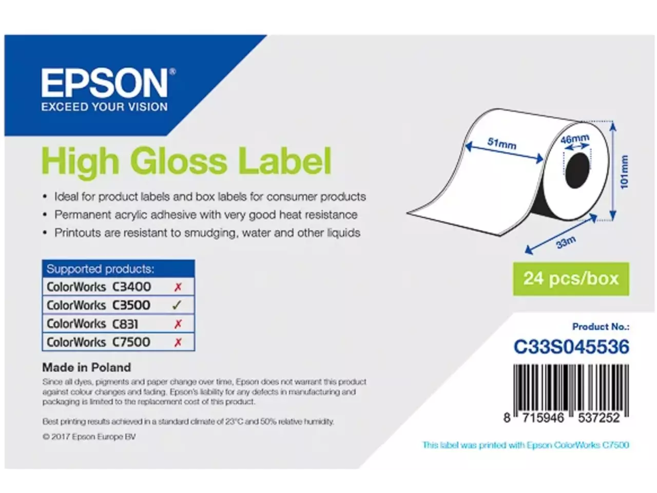 850015440005.webp 7113752 EPSON Etiketrol 51mm 33meter wit Hoogglans - Afbeelding 1