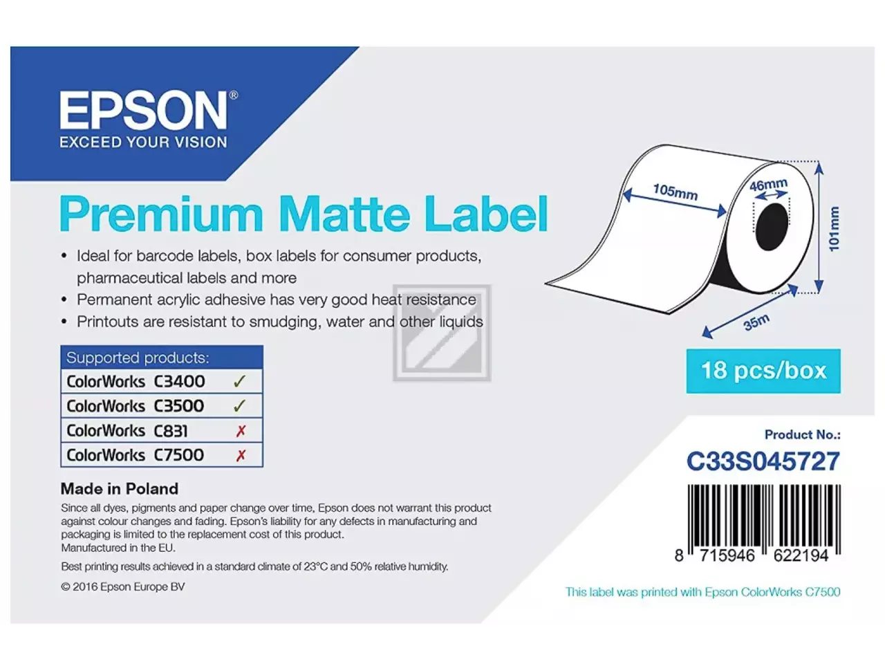 850015440009.webp C33S045727 EPSON Etiketrol 105mm 35meter wit mat - Afbeelding 1